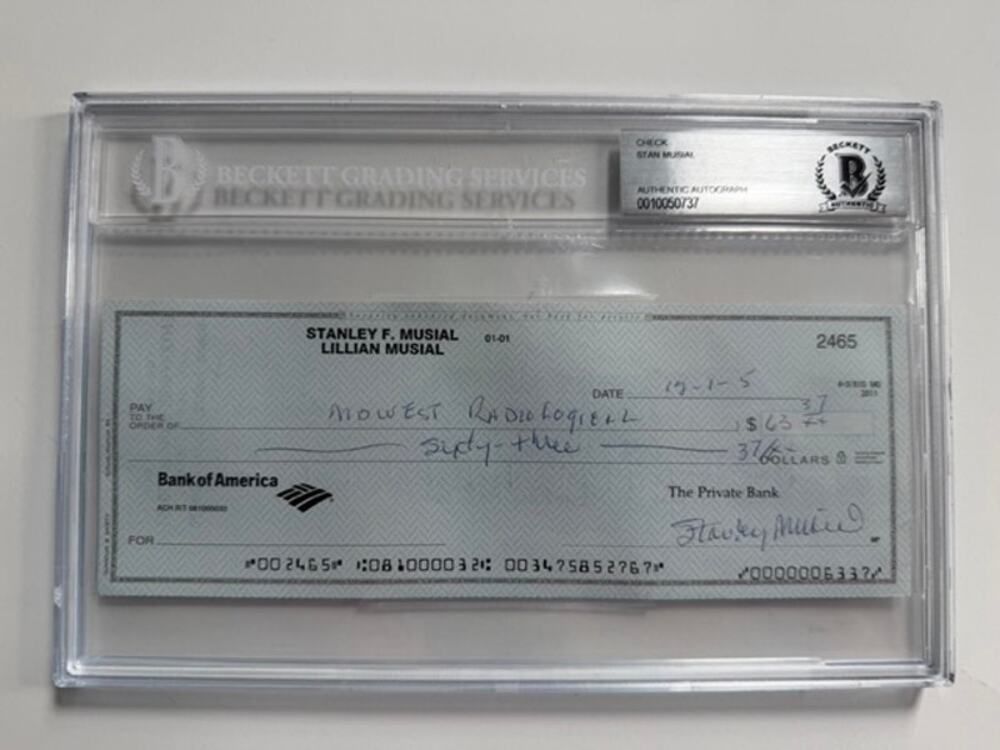 Beckett Stan Musial Autographed Check Stan the Man St. Louis Cardinals, HOF, MLB